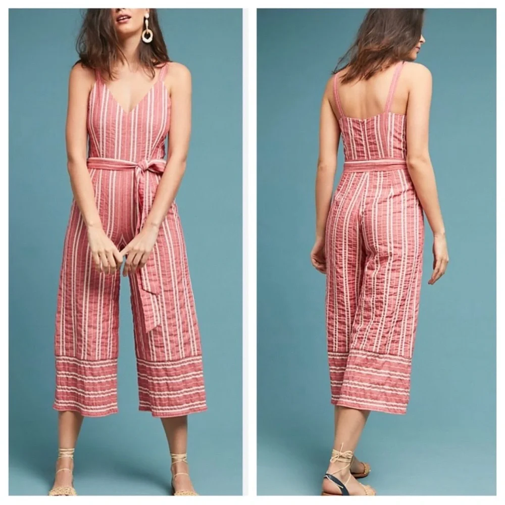 Anthropologie ett:twa Red Stripe Robin Romper Size X-Small XS Cropped Belt EUC - Picture 8 of 8